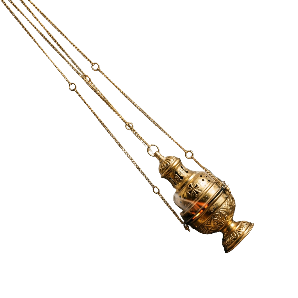 Gold-colored ornate incense burner pendant hanging from a chain against a dark background