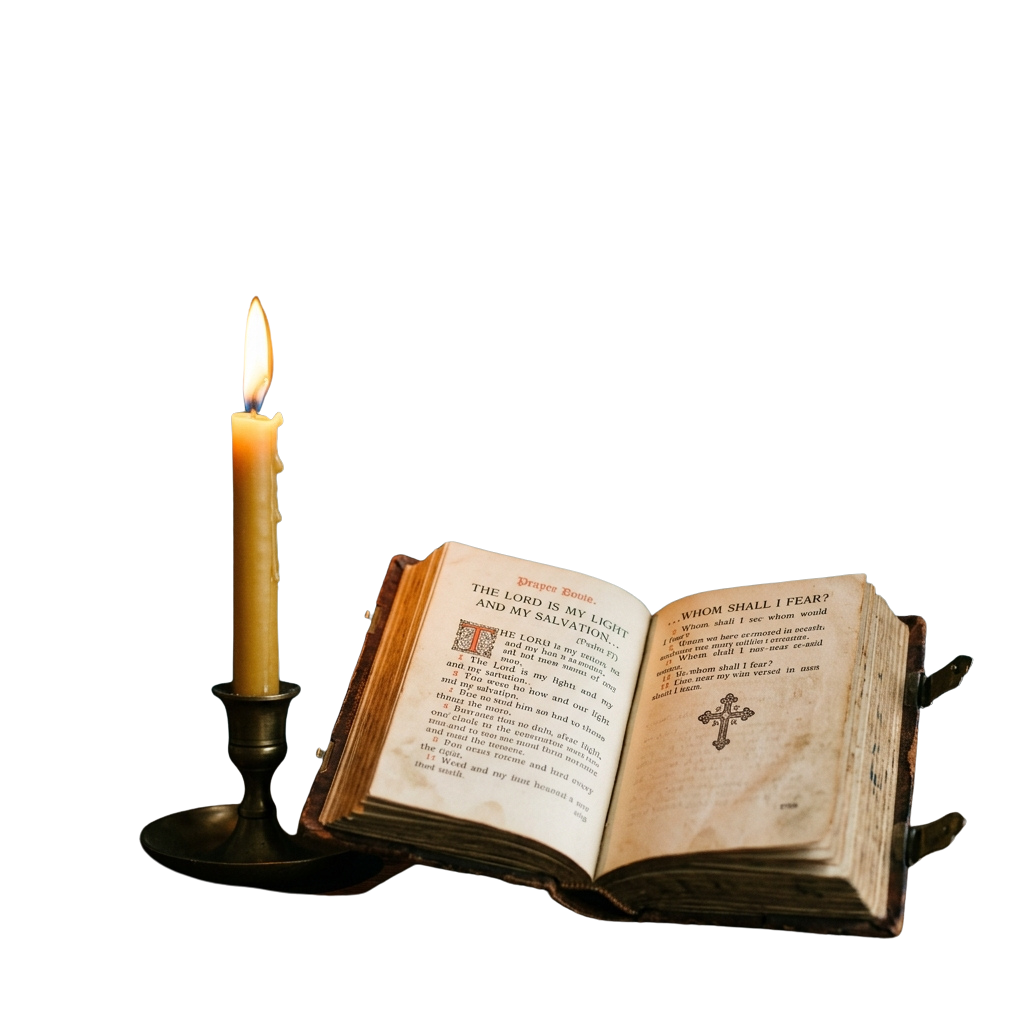 A lit candle beside an open book with religious text, symbolizing prayer and faith.