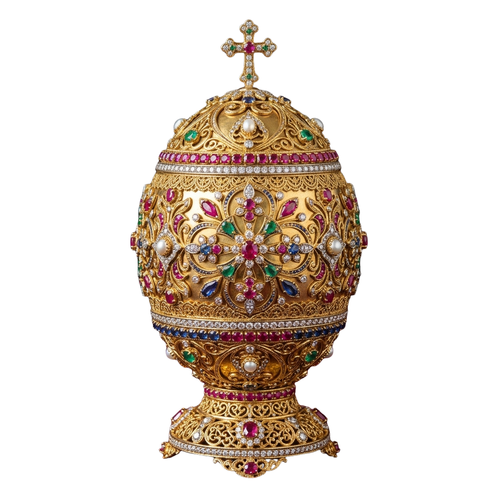 Decorative gold egg-shaped object adorned with colorful gemstones and topped with a cross.