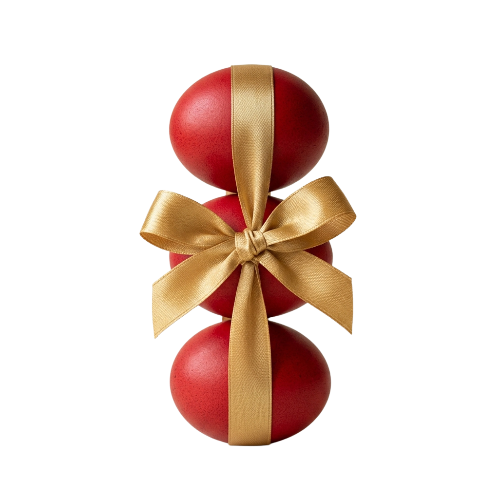 Three red balloons tied together with a large gold ribbon bow