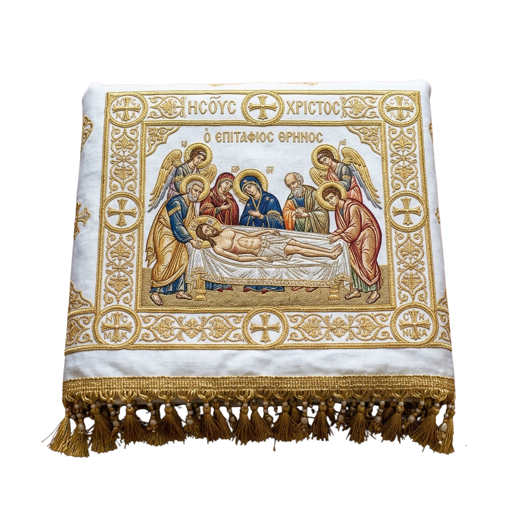 Embroidered religious cloth depicting Jesus' burial with angels and mourners, framed with golden crosses and tassels.