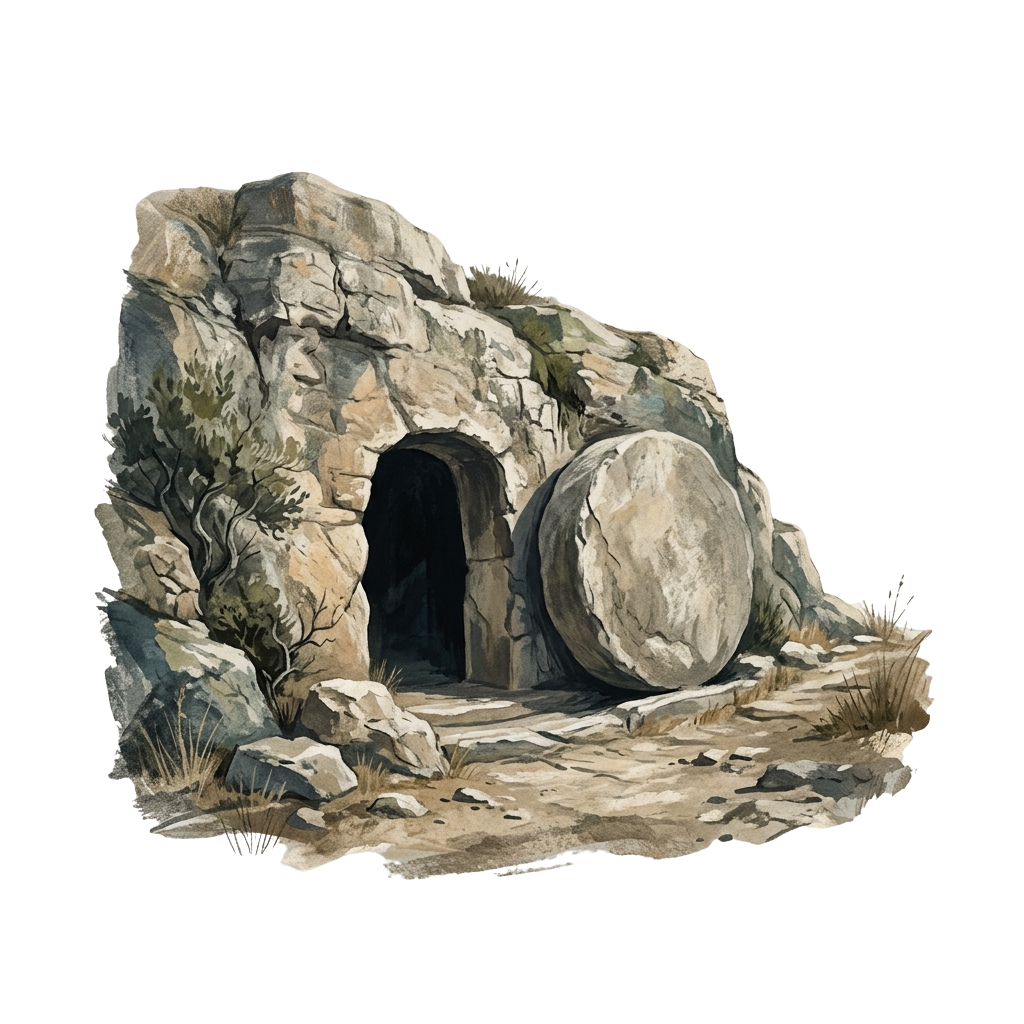 An illustration of a large stone rolled away from the entrance of a tomb carved into a rocky cliffside.