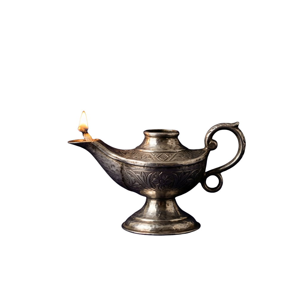 A decorative brass oil lamp with a lit flame and ornate engravings on a dark background