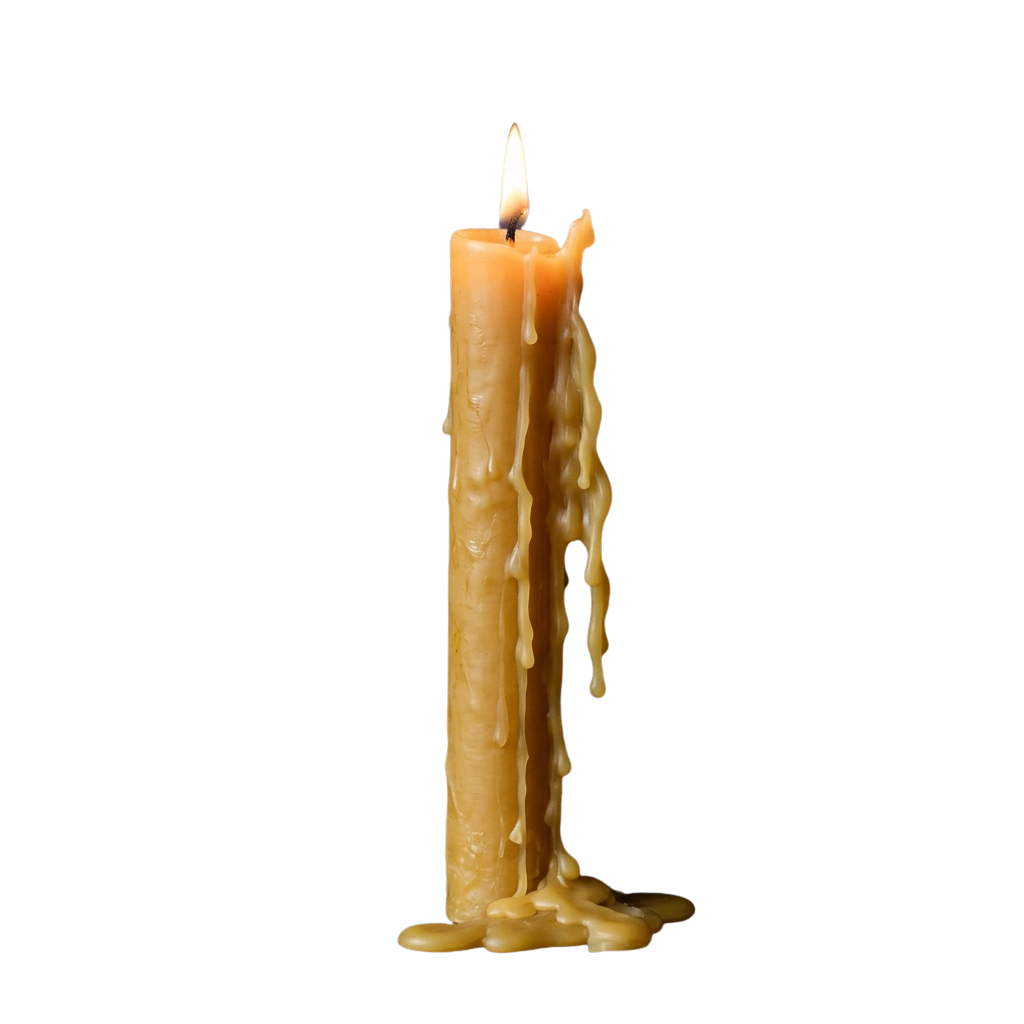 A lit beeswax candle with melted wax dripping down its sides against a dark background
