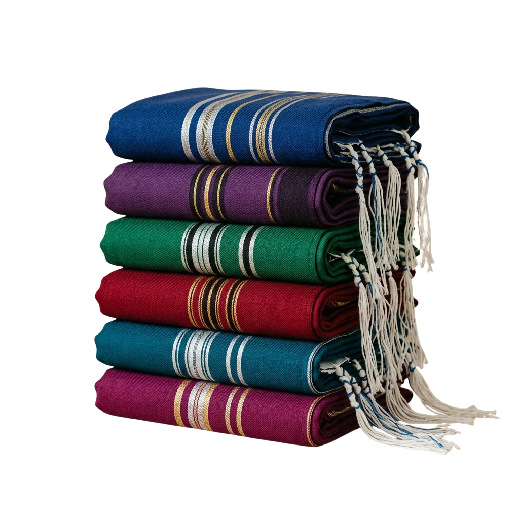Six rolled towels in blue, purple, green, red, teal, and maroon with striped patterns and white fringe hanging from the bottom.
