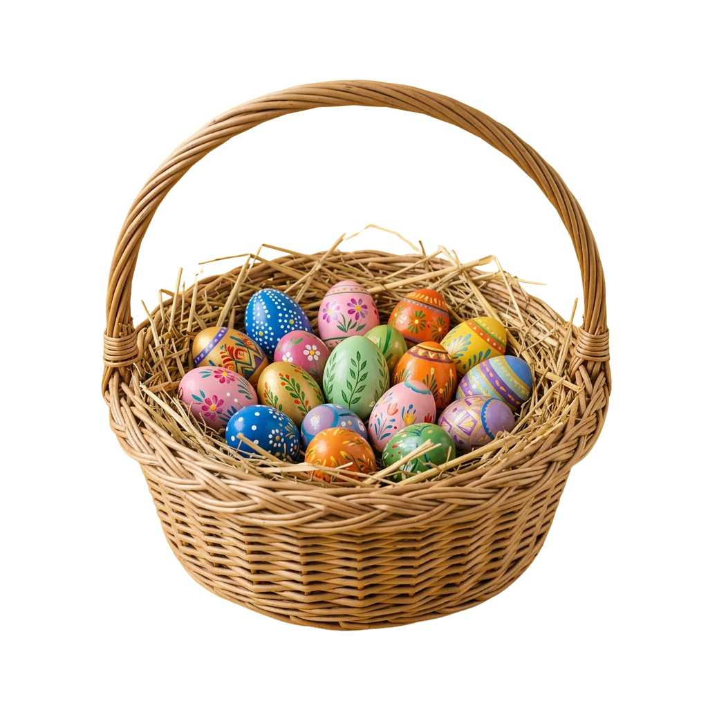 A wicker basket filled with intricately decorated Easter eggs in various bright colors and patterns