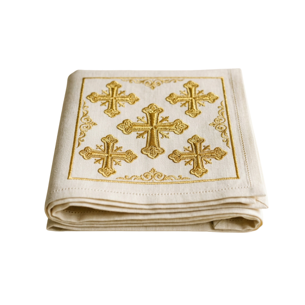 A white cloth with gold embroidered crosses and decorative borders.