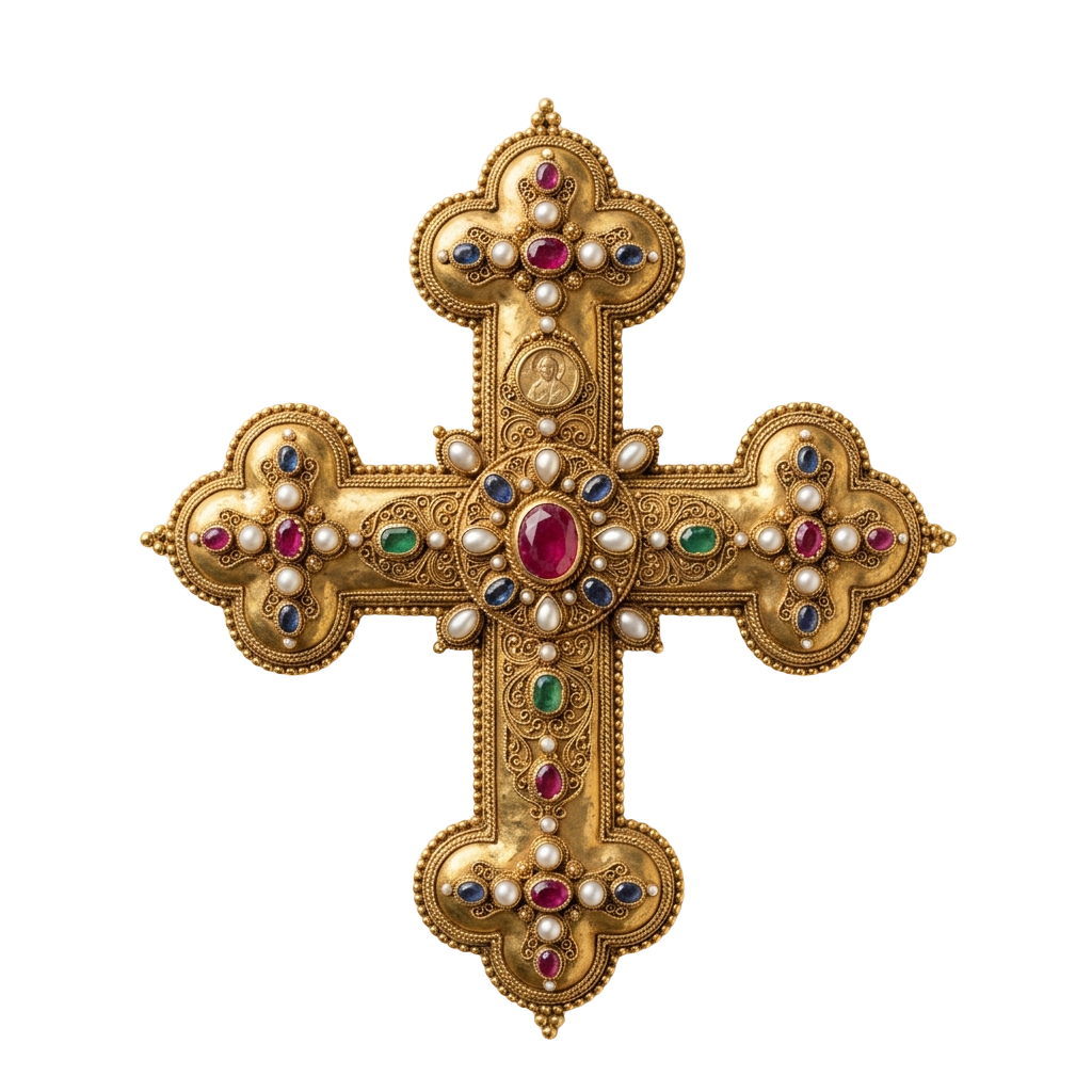Decorative gold cross adorned with colorful gemstones and pearls, featuring intricate designs