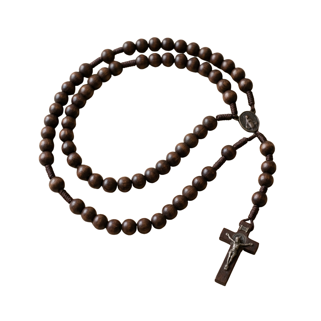 A wooden rosary with evenly spaced beads and a crucifix pendant attached by a cord.