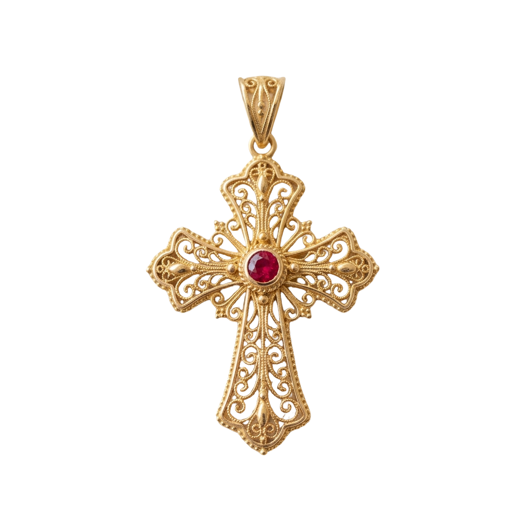 A gold filigree cross pendant featuring intricate designs and a red ruby stone at the center