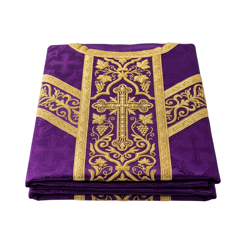 Purple fabric with gold embroidered cross and vine patterns, folded neatly.