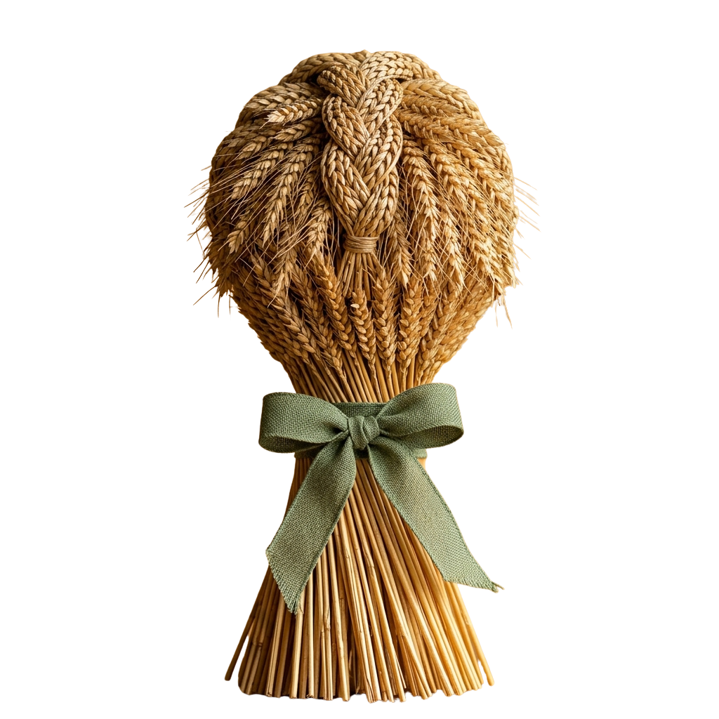 A neatly tied sheaf of wheat with a green ribbon tied in a bow at the bottom