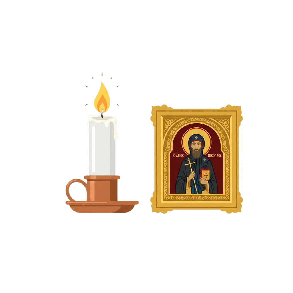 Illustration of a lit candle beside a framed religious icon depicting a robed figure holding a book and staff