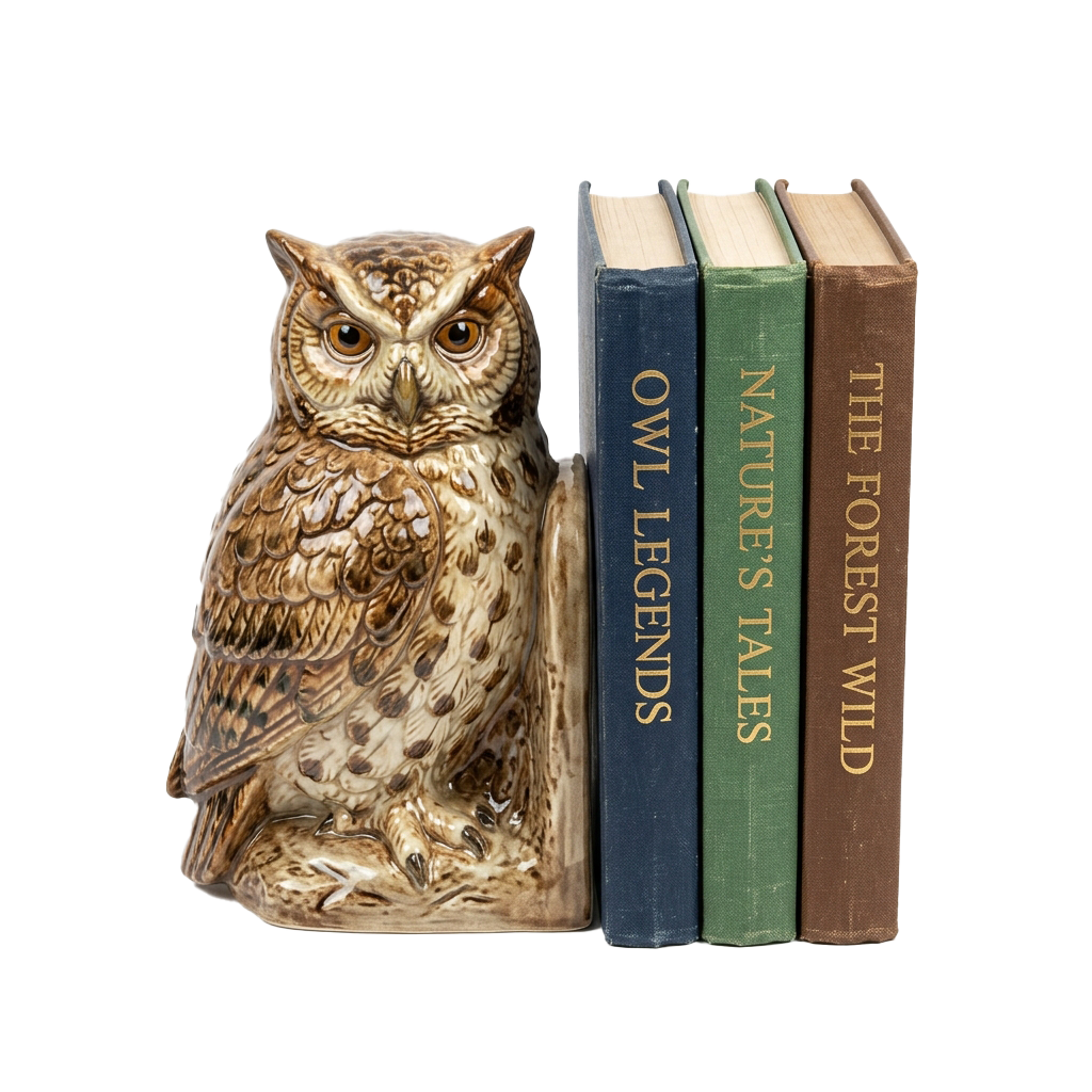Ceramic owl figurine sitting beside three books titled Owl Legends, Nature's Tales, and The Forest Wild