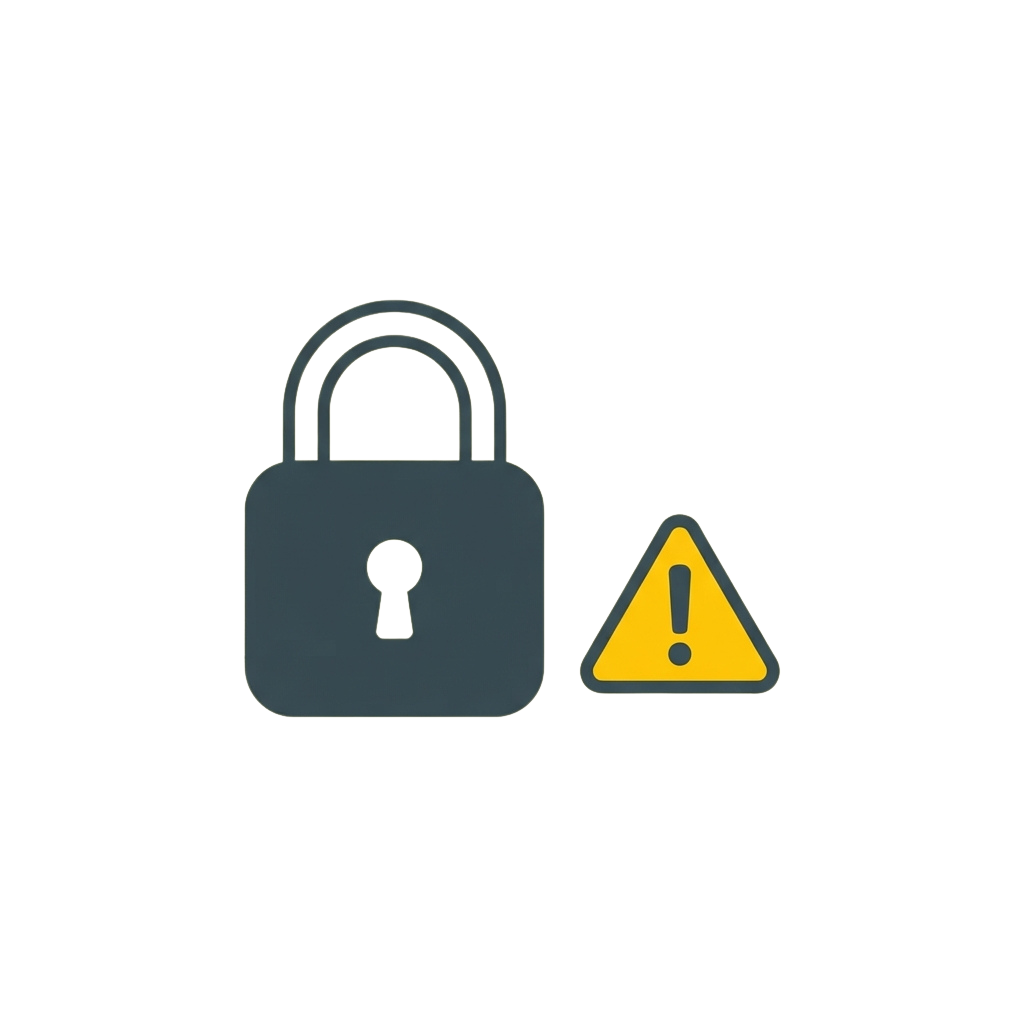 A padlock with an open keyhole next to a yellow warning triangle with an exclamation mark