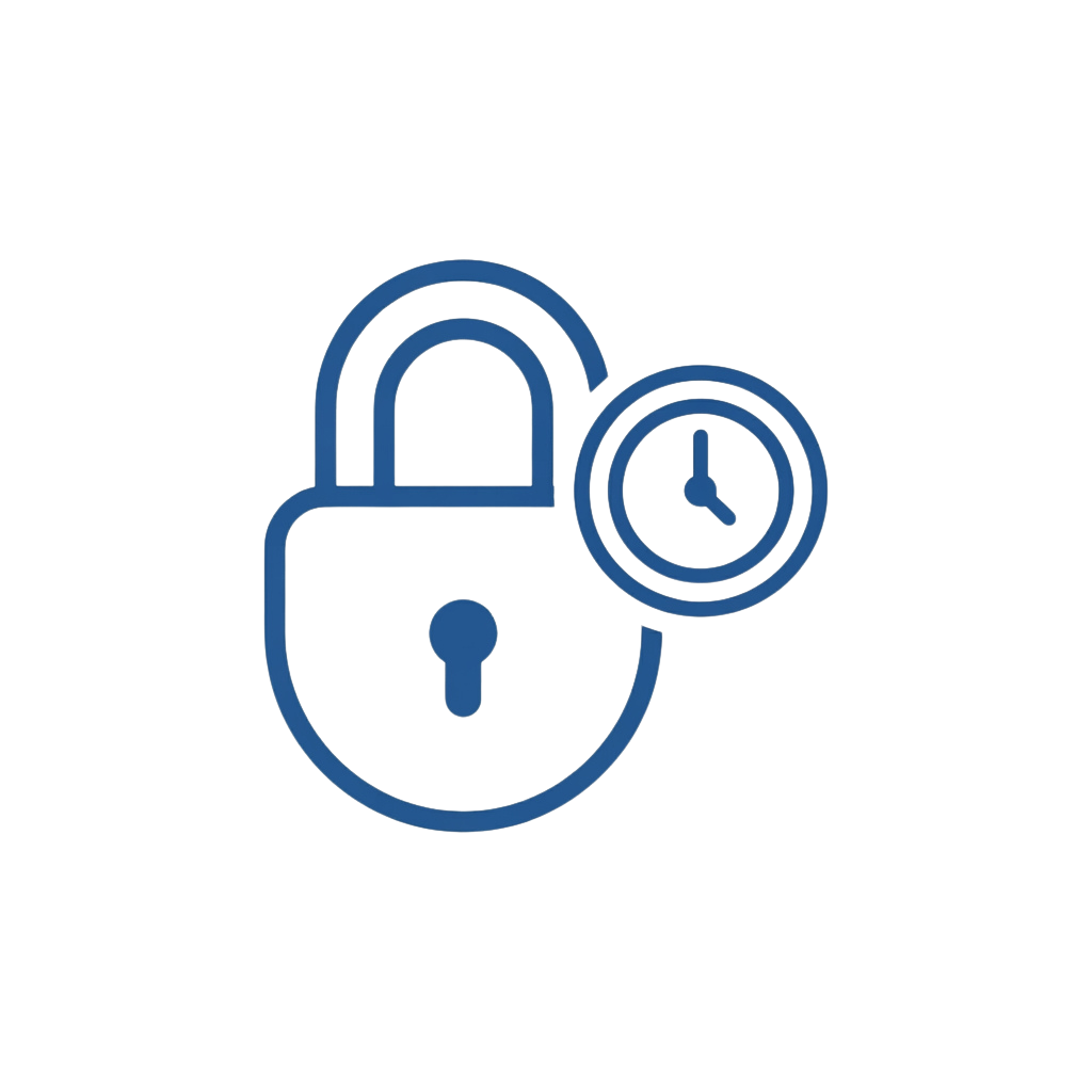 A blue lock with a keyhole and a clock integrated into the top right corner on a black background