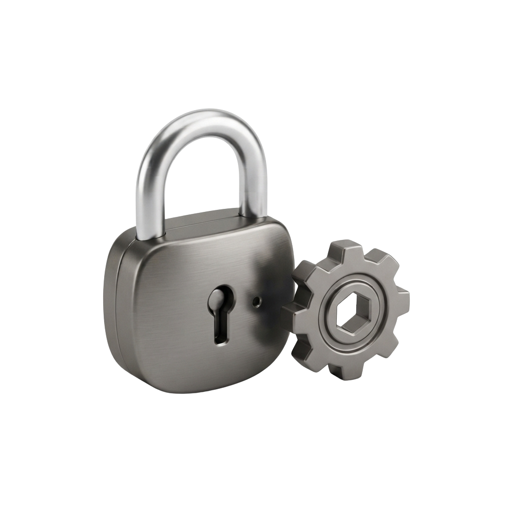 A metallic padlock with a keyhole next to a gear symbol representing security and technology