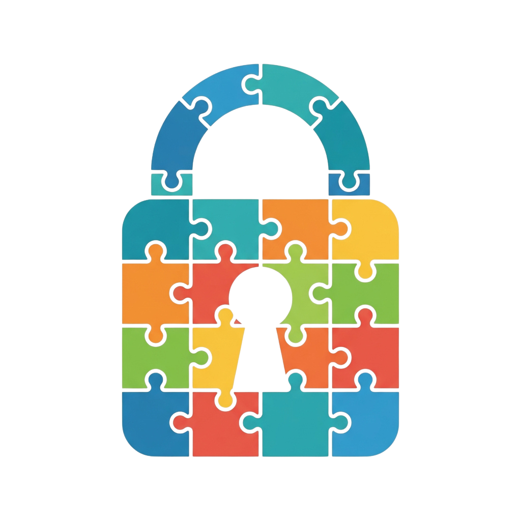 A puzzle-shaped lock with a keyhole, made of multicolored puzzle pieces.