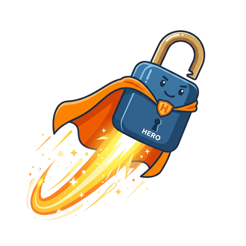 Animated padlock with a smiley face and cape, shooting upward like a rocket with fiery flames and sparks