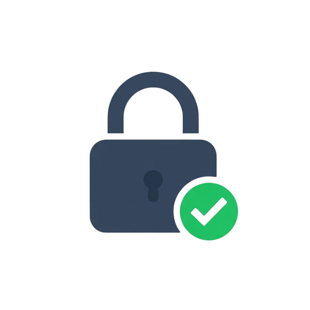 A closed padlock with a green checkmark indicating security and approval