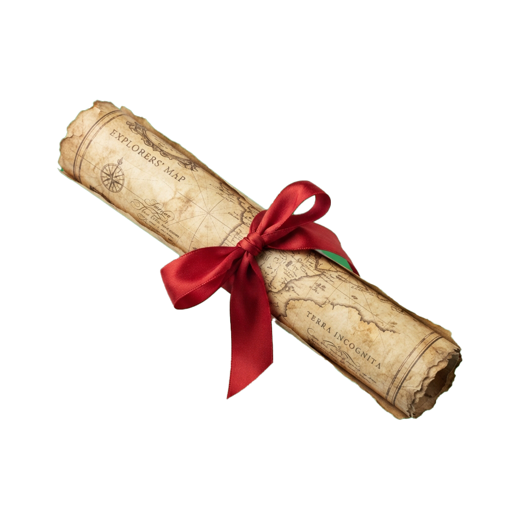 Aged parchment map scroll tied with a red ribbon bow against a black background