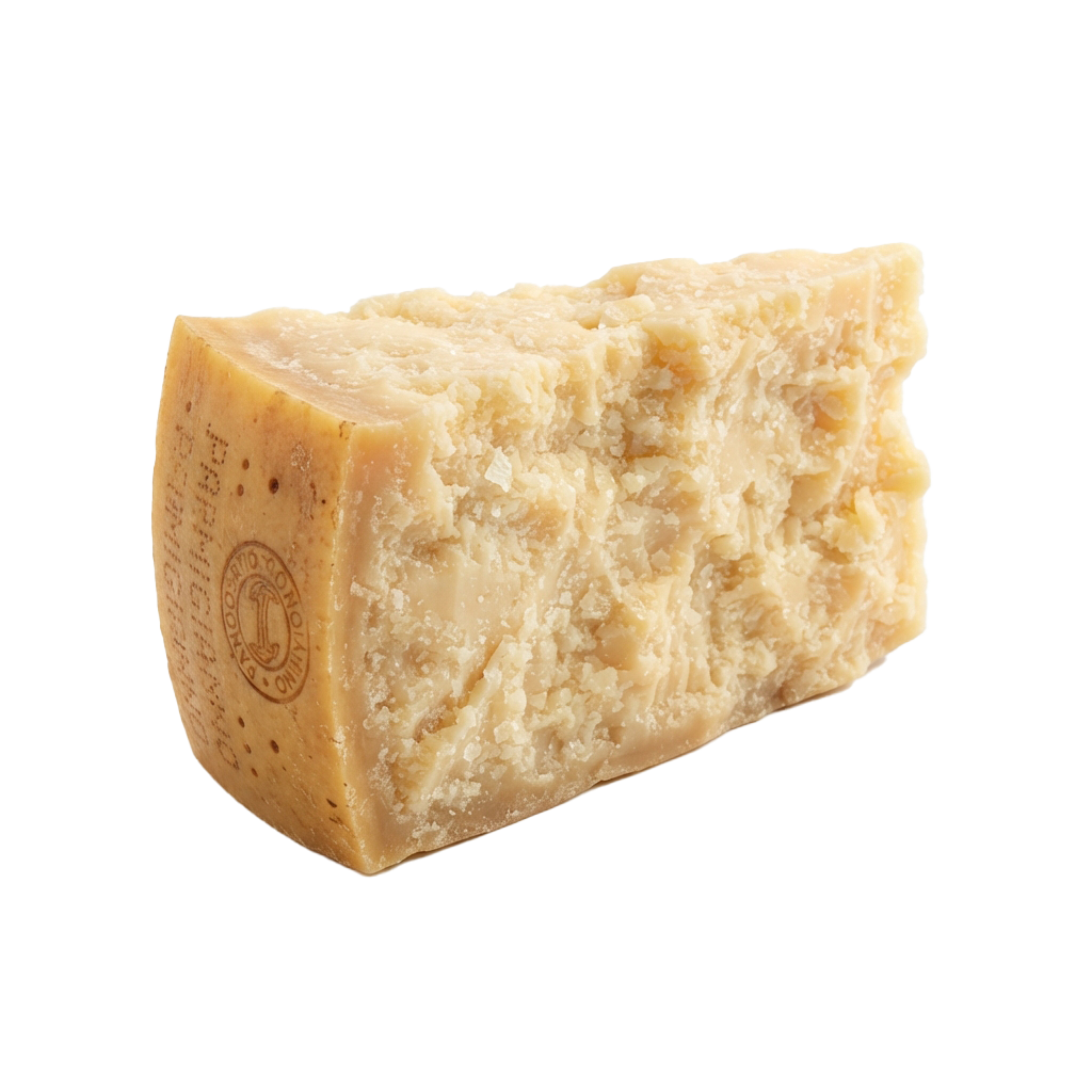 Aged hard cheese wedge with a natural rind and crumbly interior against a black background