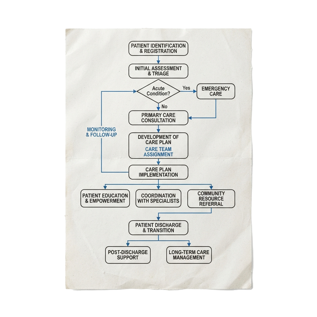 Flowchart illustrating patient care process from identification to long-term management