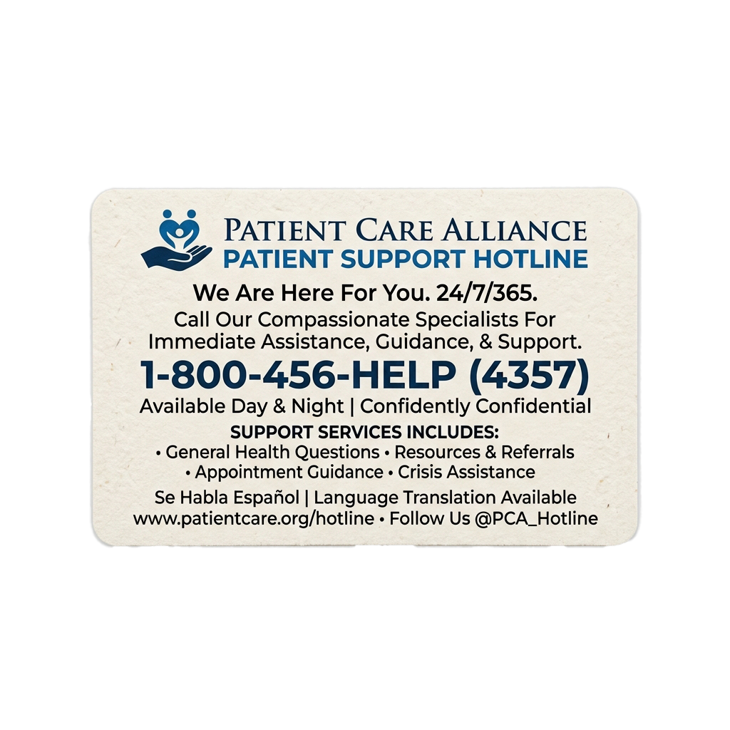 Patient support hotline card with contact number and services listed for 24/7 assistance