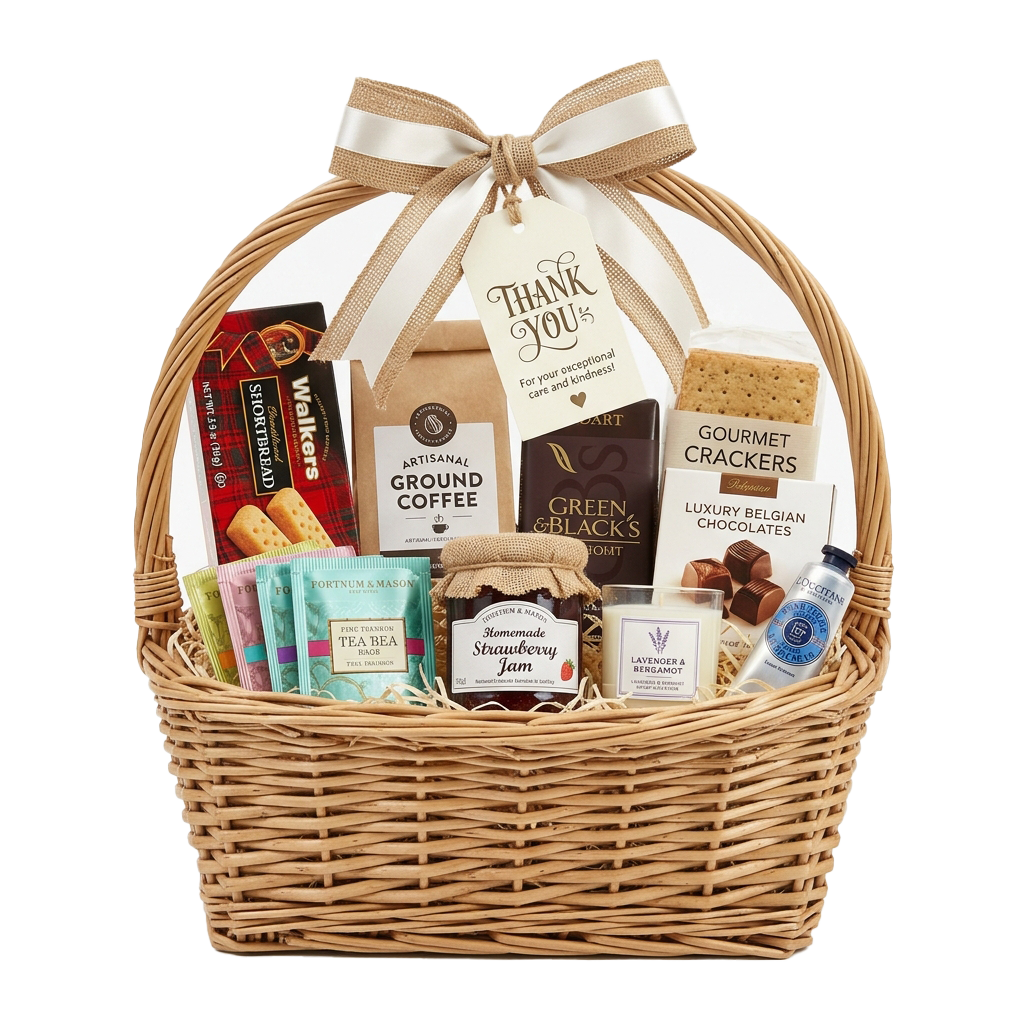 Wicker basket filled with assorted snacks, coffee, tea, chocolates, and jam tied with a ribbon and thank you tag