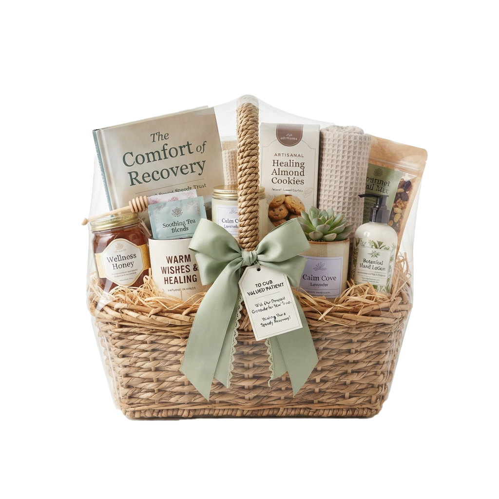 Wicker basket filled with recovery-themed items including honey, tea, cookies, lotion, and a small plant