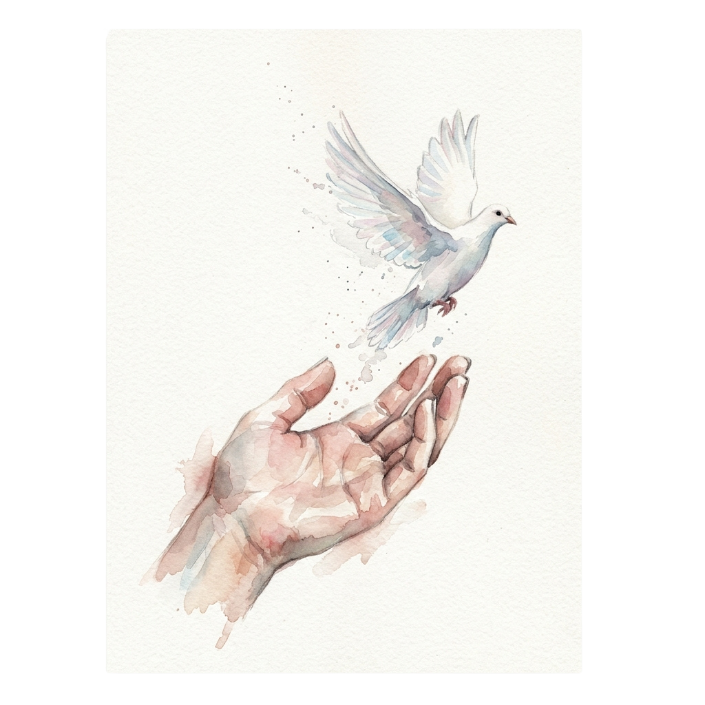 A watercolor illustration of an open hand with a white dove taking flight above it