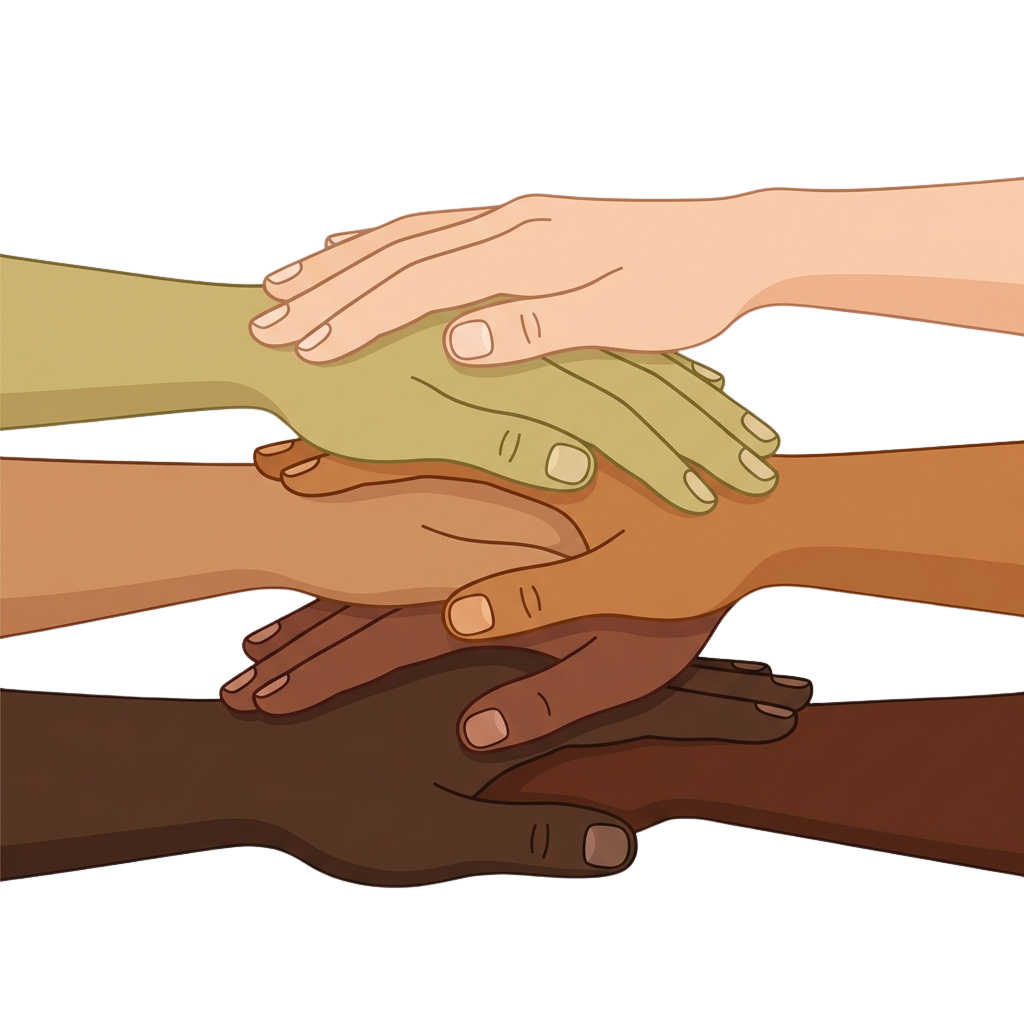 Illustration of four hands of different skin tones clasped together in a circle.