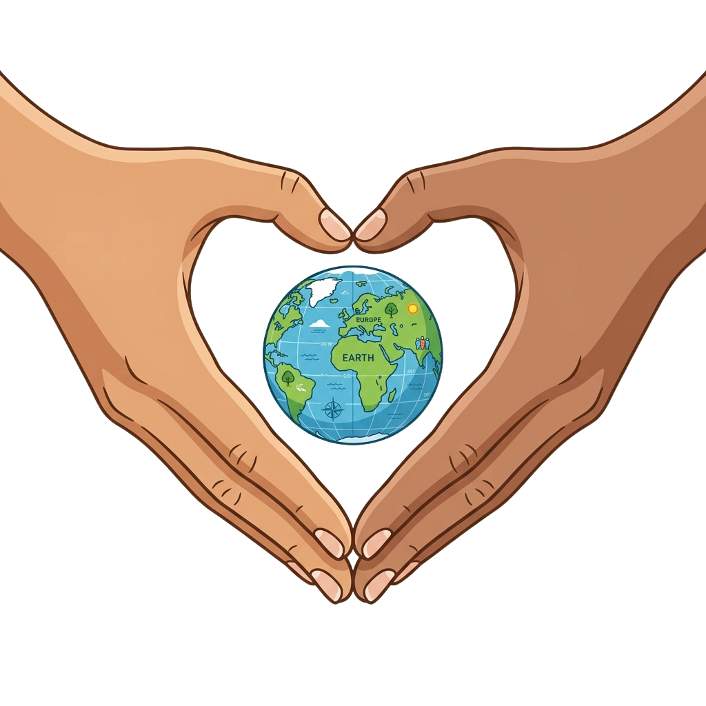 Two hands forming a heart shape with a globe inside