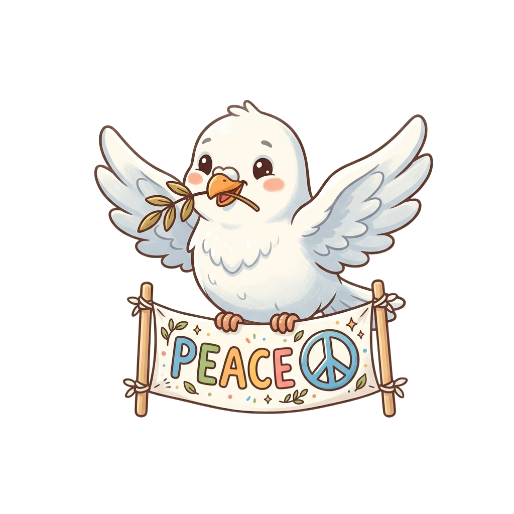 A cartoon white dove holding a banner with the word peace and a peace sign symbol