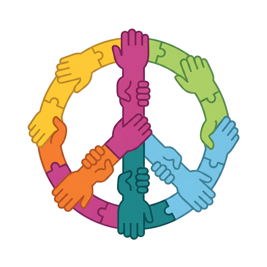 A peace sign composed of diverse hands in different colors joined together.