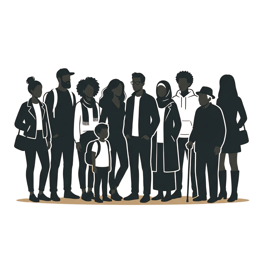 Group of diverse silhouetted people standing closely together at night