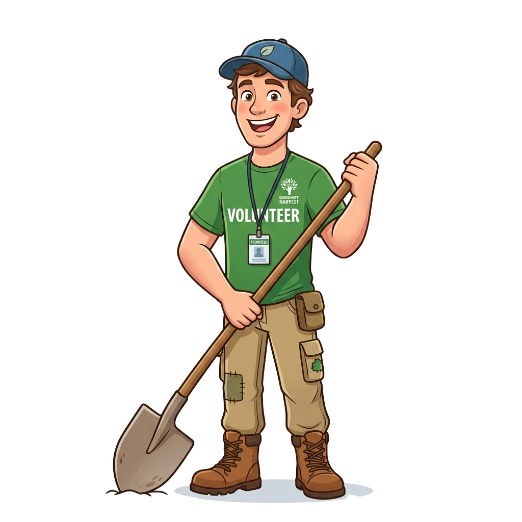 Smiling volunteer in green shirt and cap holding a shovel and rake, ready for gardening work