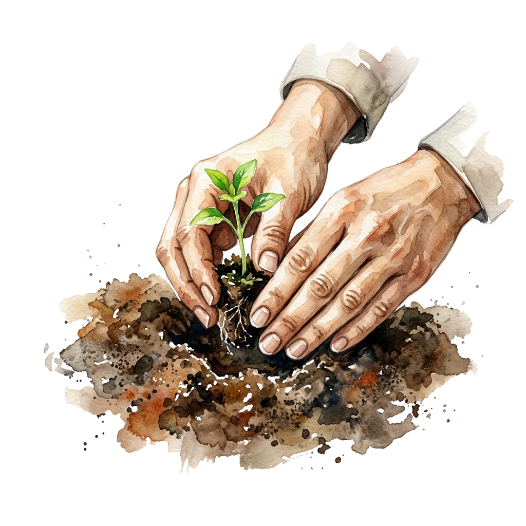 Two hands gently planting a small green seedling into soil.