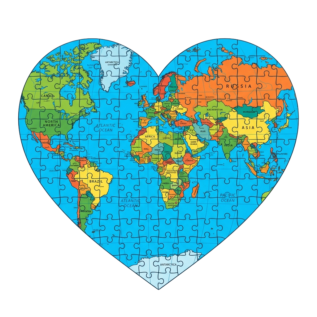 Heart-shaped jigsaw puzzle made from a world map with continents and oceans visible.