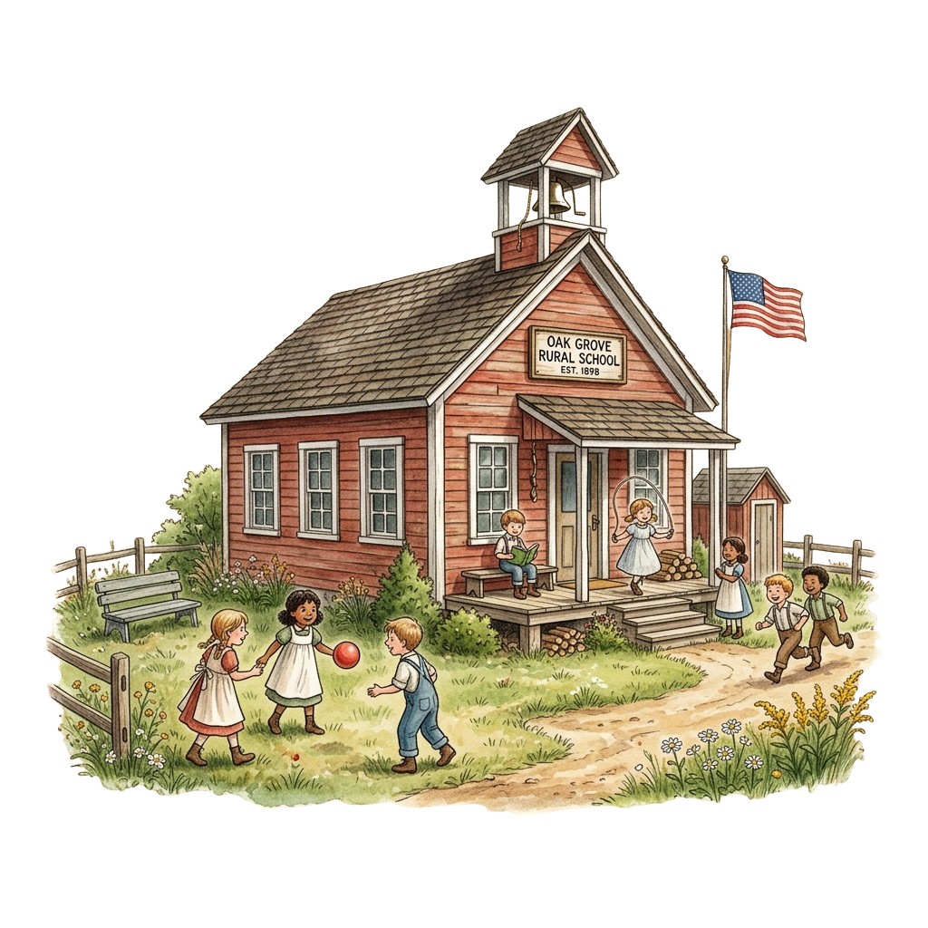 Children playing outside a vintage one-room schoolhouse with an American flag waving