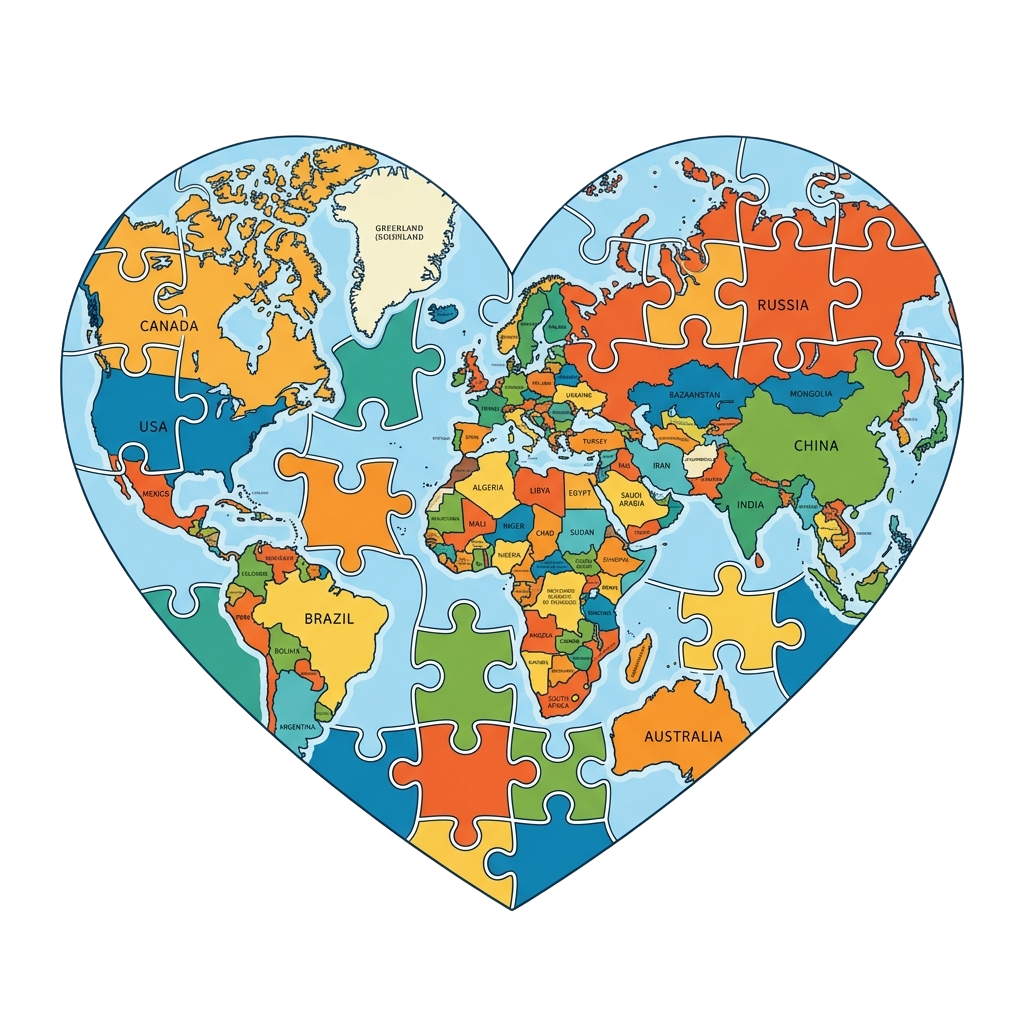 A heart-shaped puzzle made of world map pieces showing continents and major countries