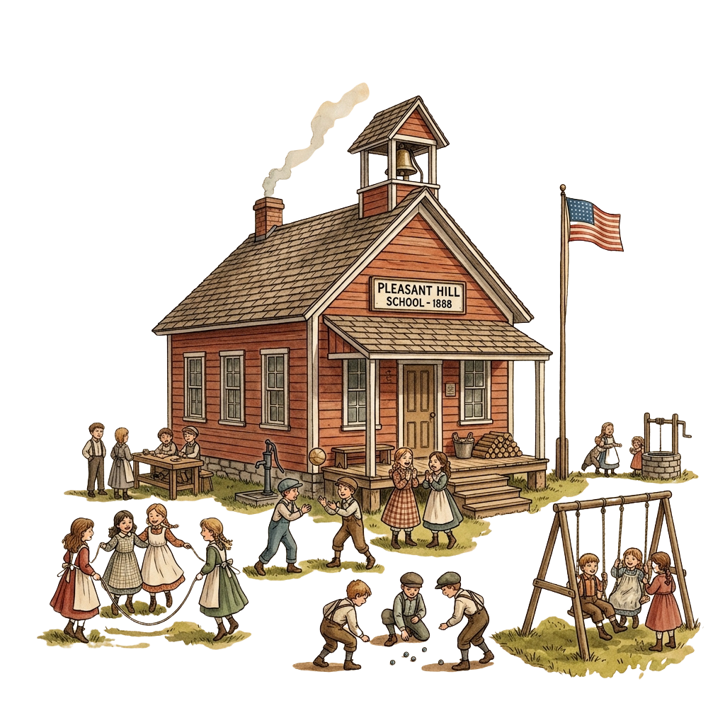 Illustration of children playing and gathering around a vintage one-room schoolhouse labeled 1888 with an American flag