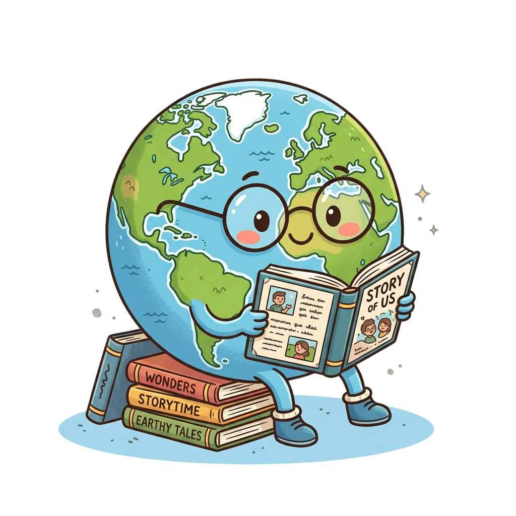 Animated globe character wearing glasses reading a book titled Story of Us with a stack of books beside it