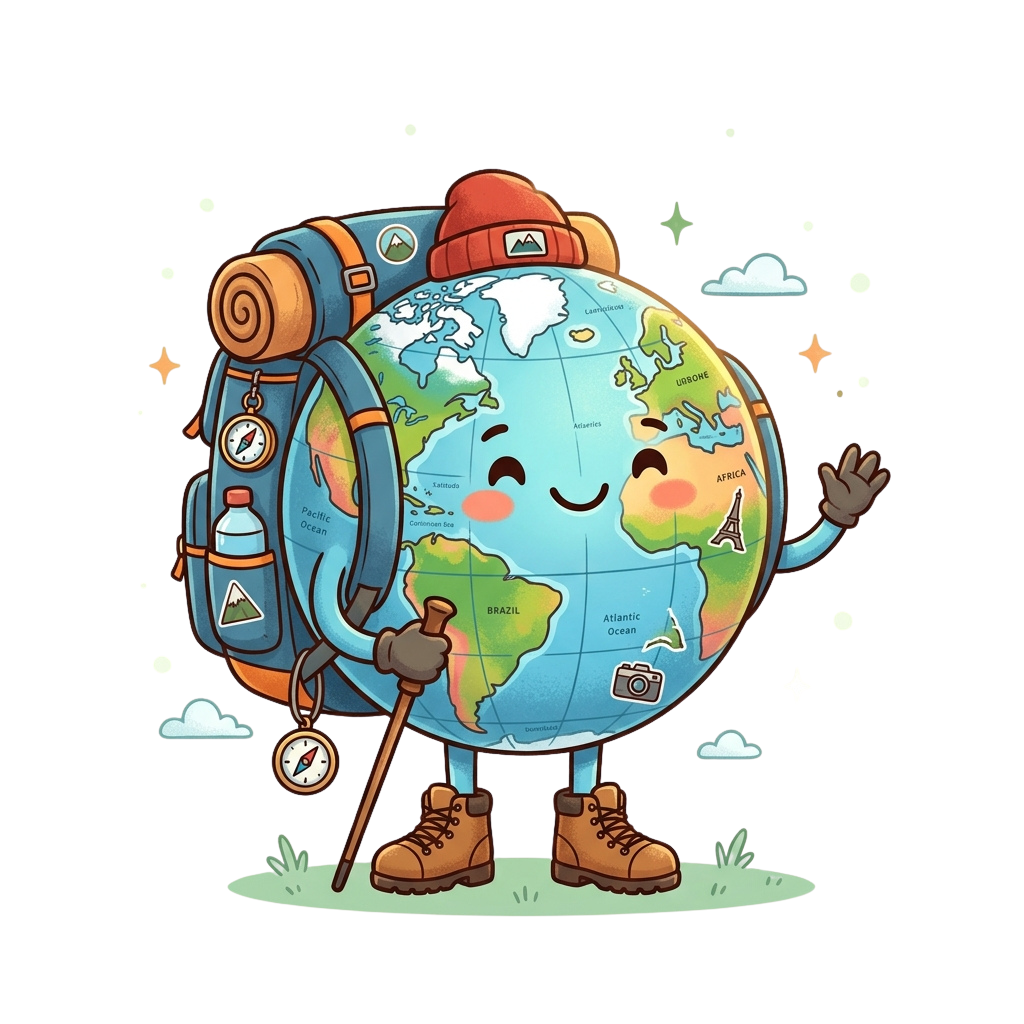 A cheerful globe character with a backpack, hiking stick, and camera, waving and smiling.