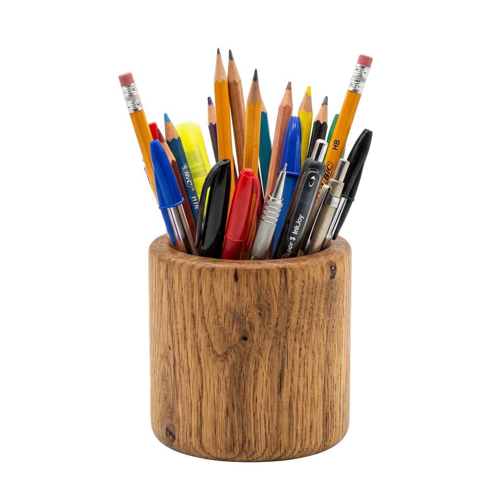 A wooden cup holding a variety of colored pencils and pens