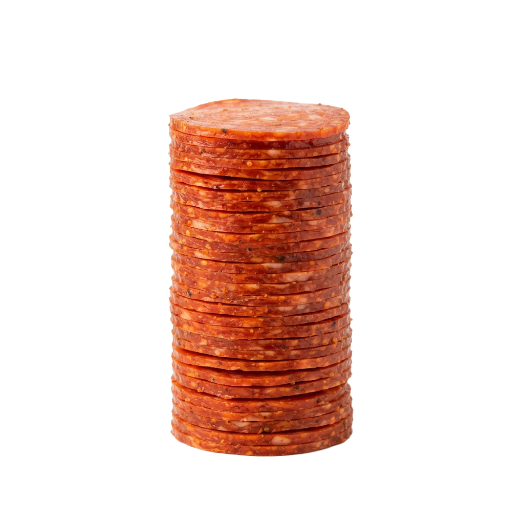 A tall stack of round, orange carrot cake slices or thick carrot discs.