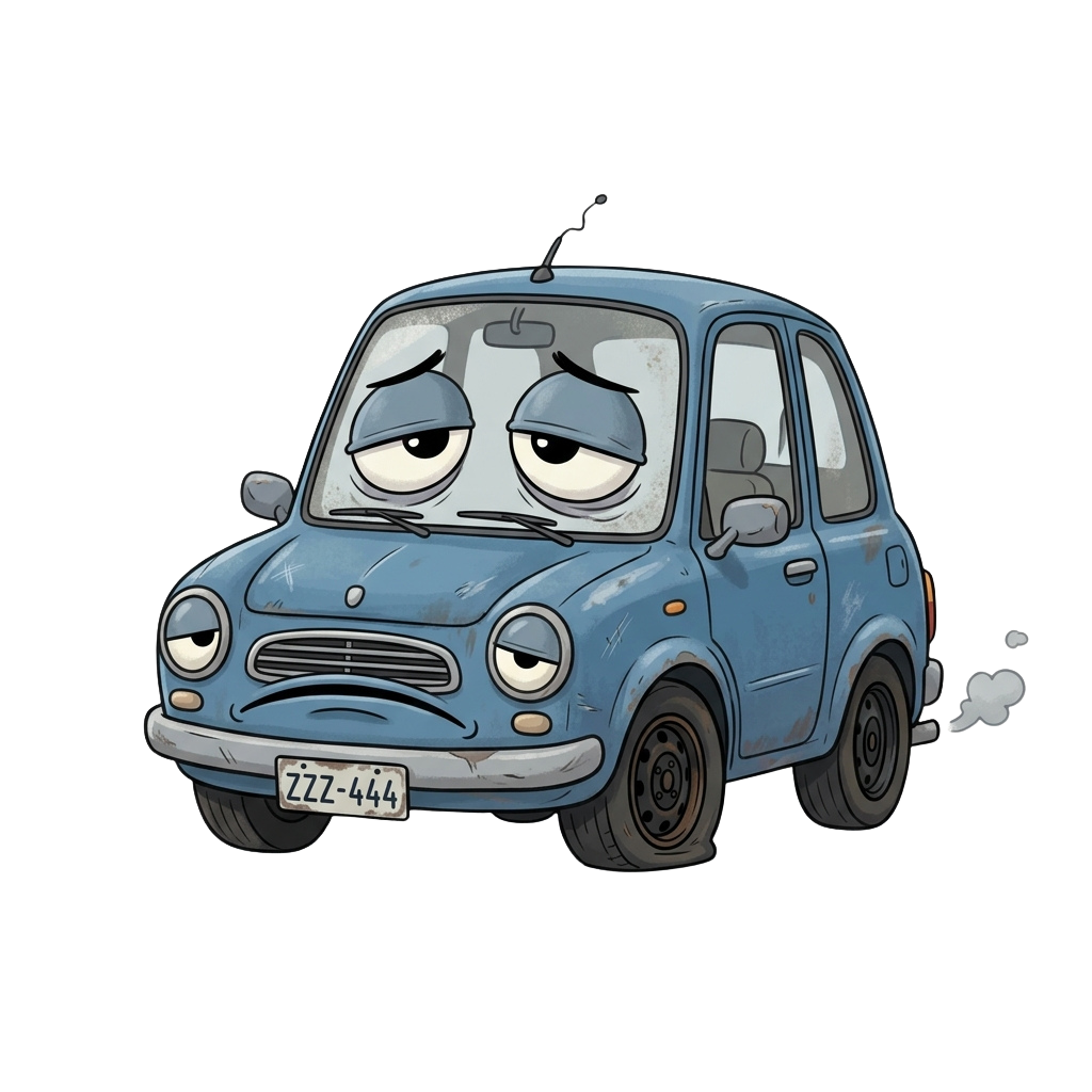 A sad-looking cartoon blue mini car with expressive eyes and a steamy exhaust pipe