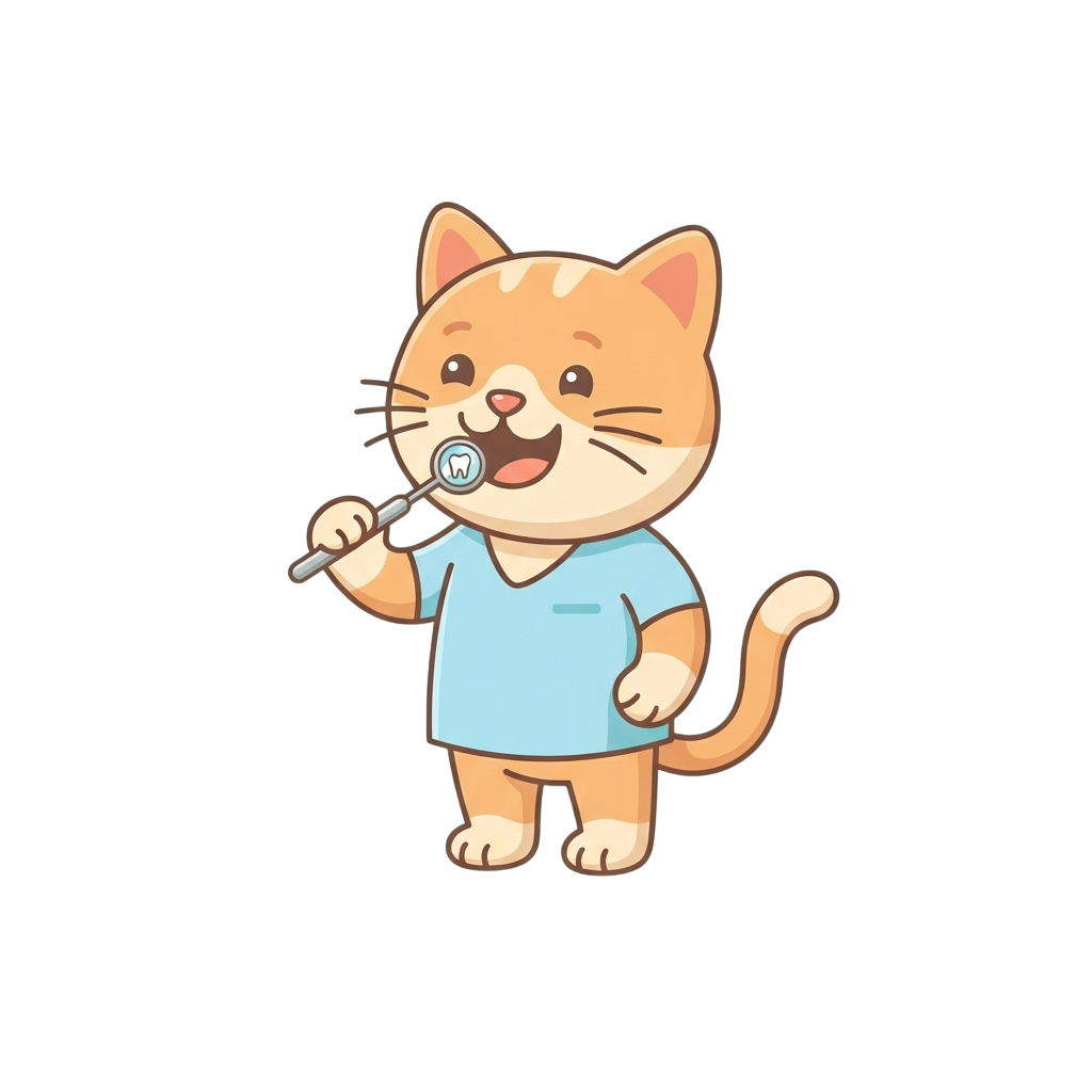 A cheerful cartoon cat wearing a blue shirt brushing its teeth with a toothbrush