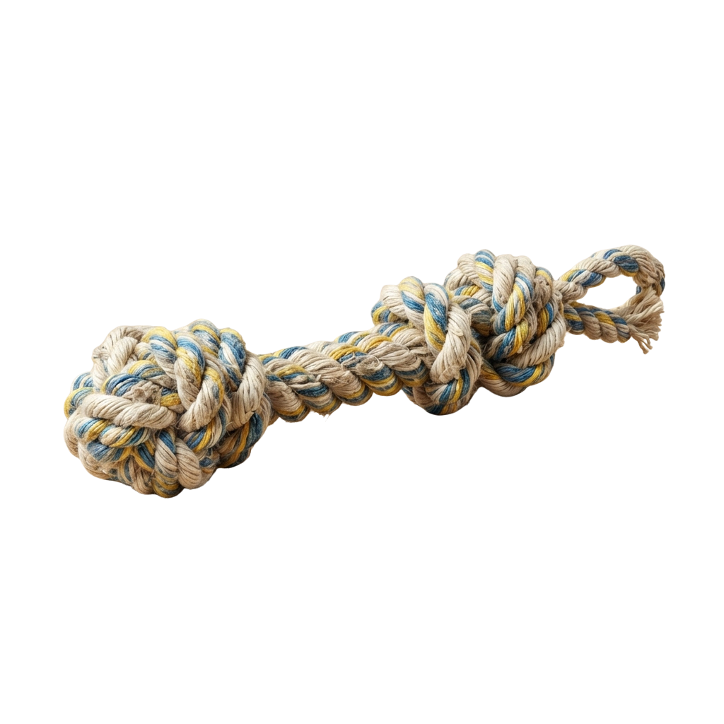 A braided rope dog toy with beige, blue, and yellow strands and two large knots at each end.