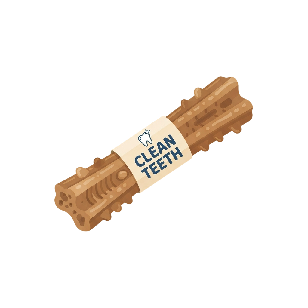 Illustration of a brown textured dental chew toy labeled Clean Teeth